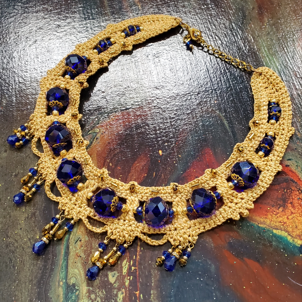 Authentic Unique Designer Blue European Crystals Gold Crochet Necklace